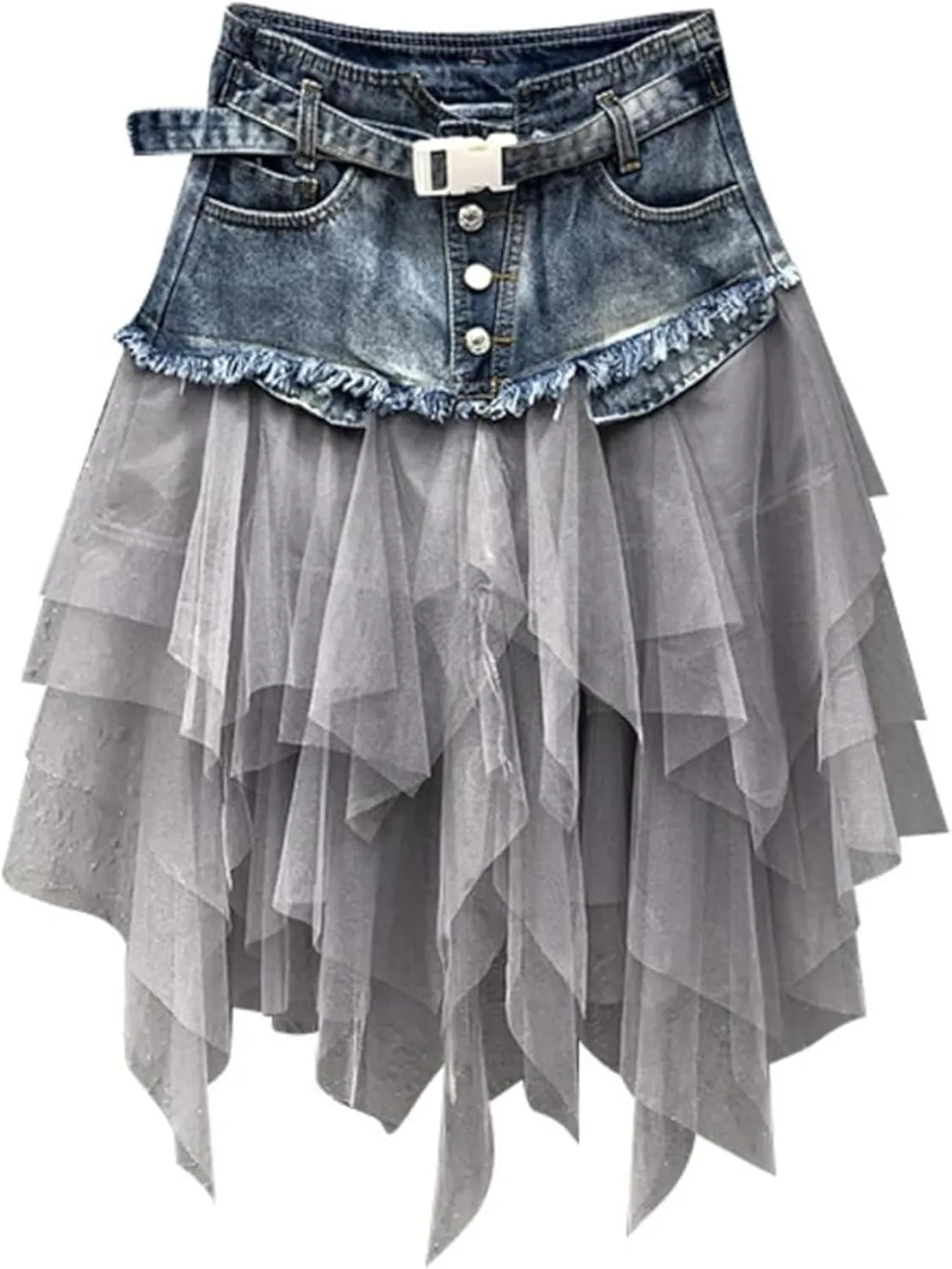 Patchwork Denim Skirt with Belt - Y2K Trendy Mini Skirt