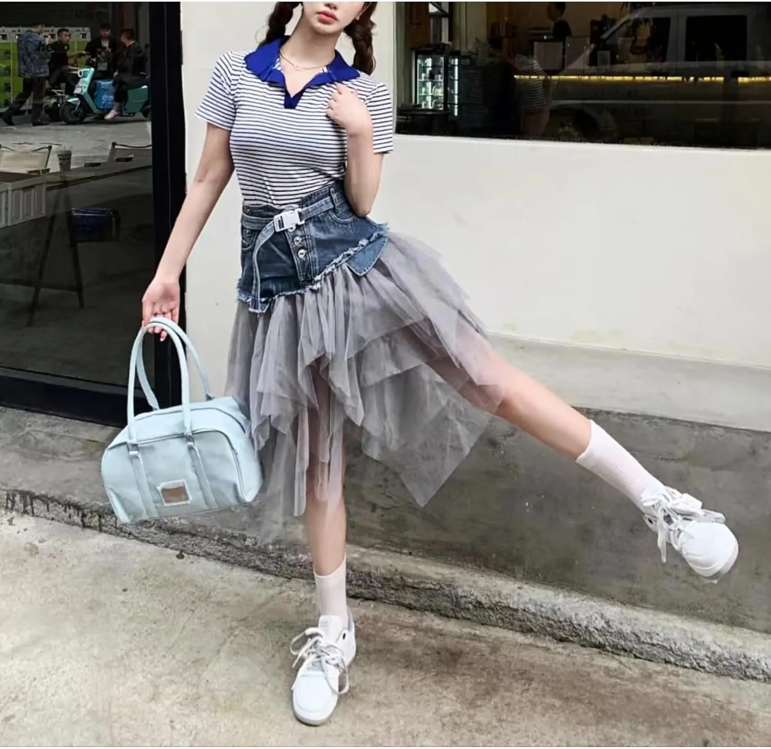 Patchwork Denim Skirt with Belt - Y2K Trendy Mini Skirt