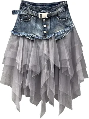 Patchwork Denim Skirt with Belt - Y2K Trendy Mini Skirt