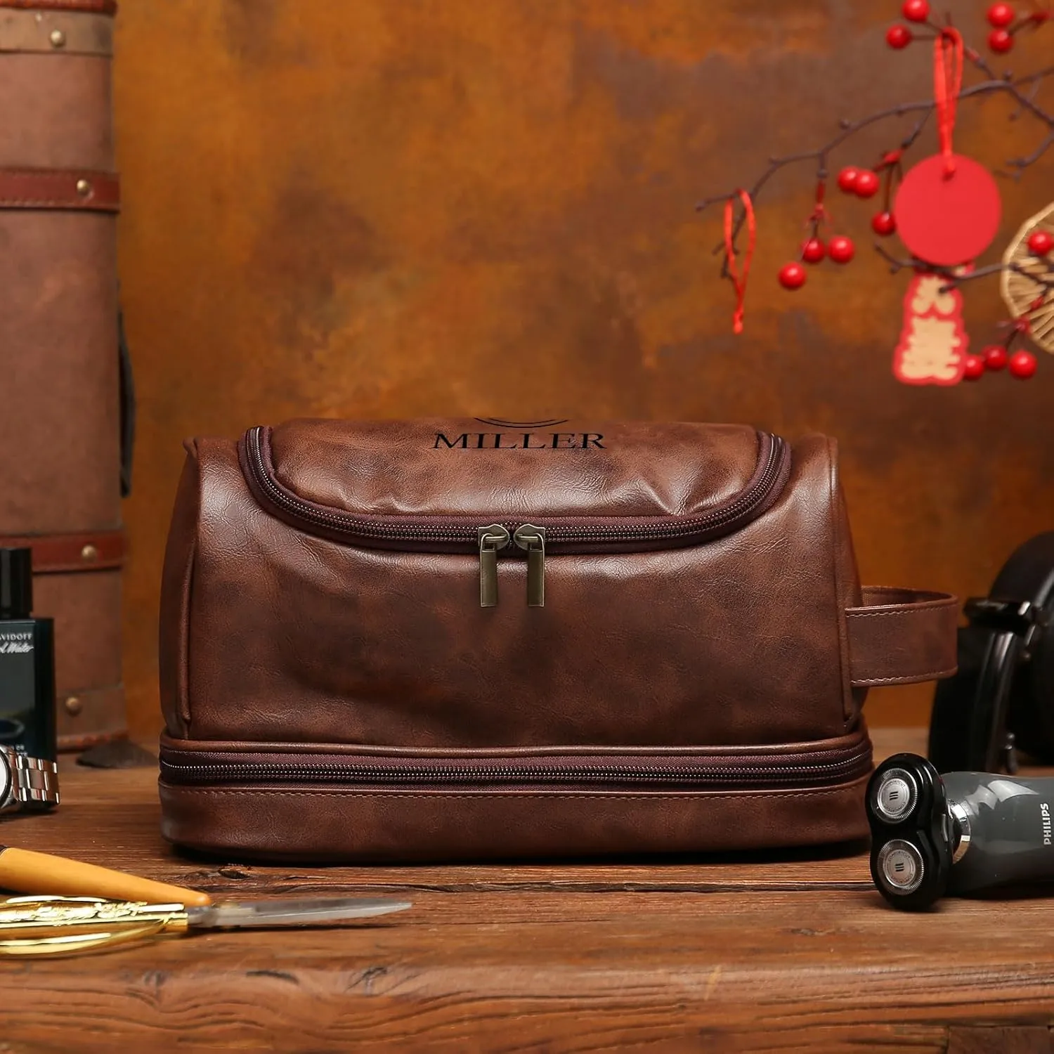 Personalized Toiletry Bag for Men - Custom Name or Initials Leather Dopp Kit,Hanging Toiletry Bag for Men Gift for Birthday, Christmas, or Fathers Day
