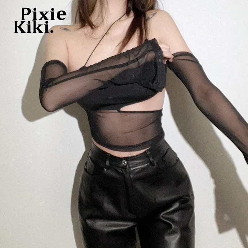 PixieKiki Asymmetrical Cut Out Mesh Crop Top with Sleeves Fairy Grunge Y2k Clothes Transparent Camisole Tank Tops P94-BZ12