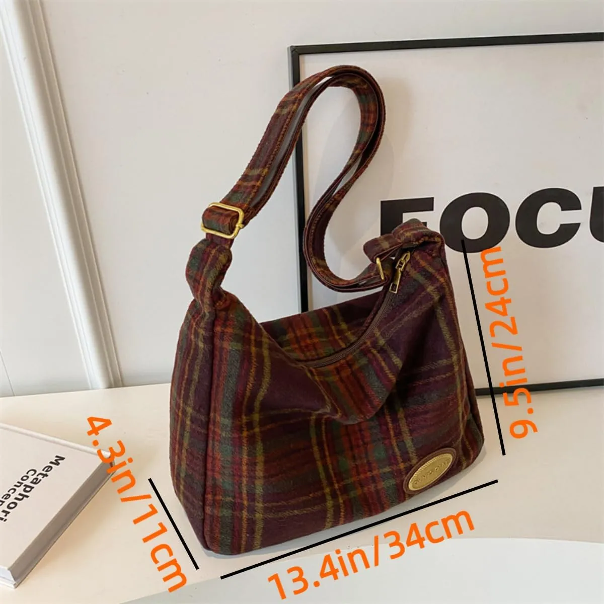 Plaid Purses for Women - Wool Handbag with Pendant, Hobo Shoulder Bag and Tartan Fabric Clutch (Red)