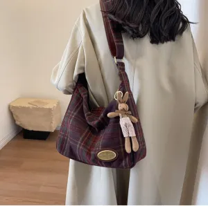 Plaid Purses for Women - Wool Handbag with Pendant, Hobo Shoulder Bag and Tartan Fabric Clutch (Red)