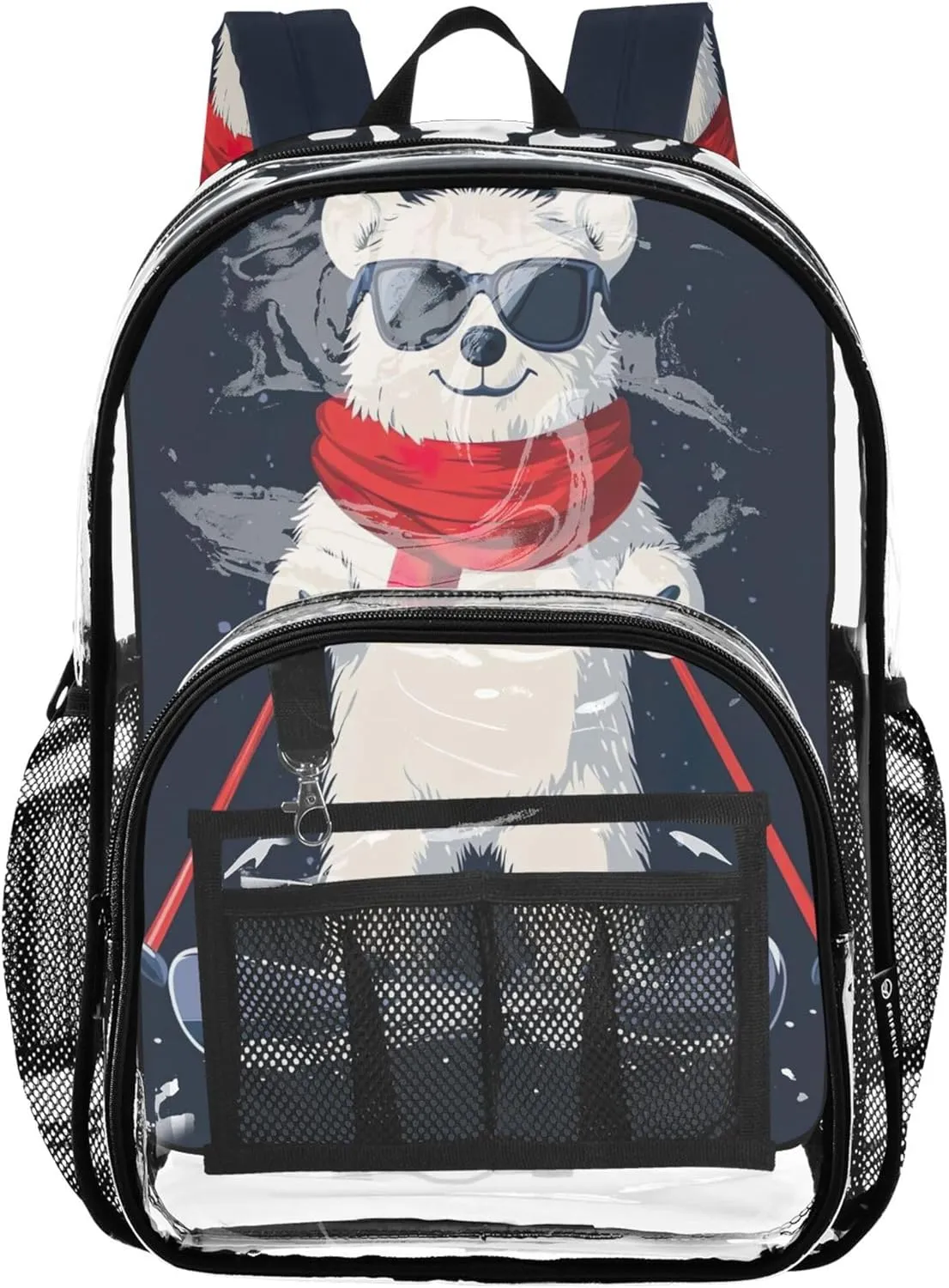 Playful Polar Bear Skiing Navy Backpack Kids, Clear Plastic Bag, Kid Backpack, Clear Backpacks for School