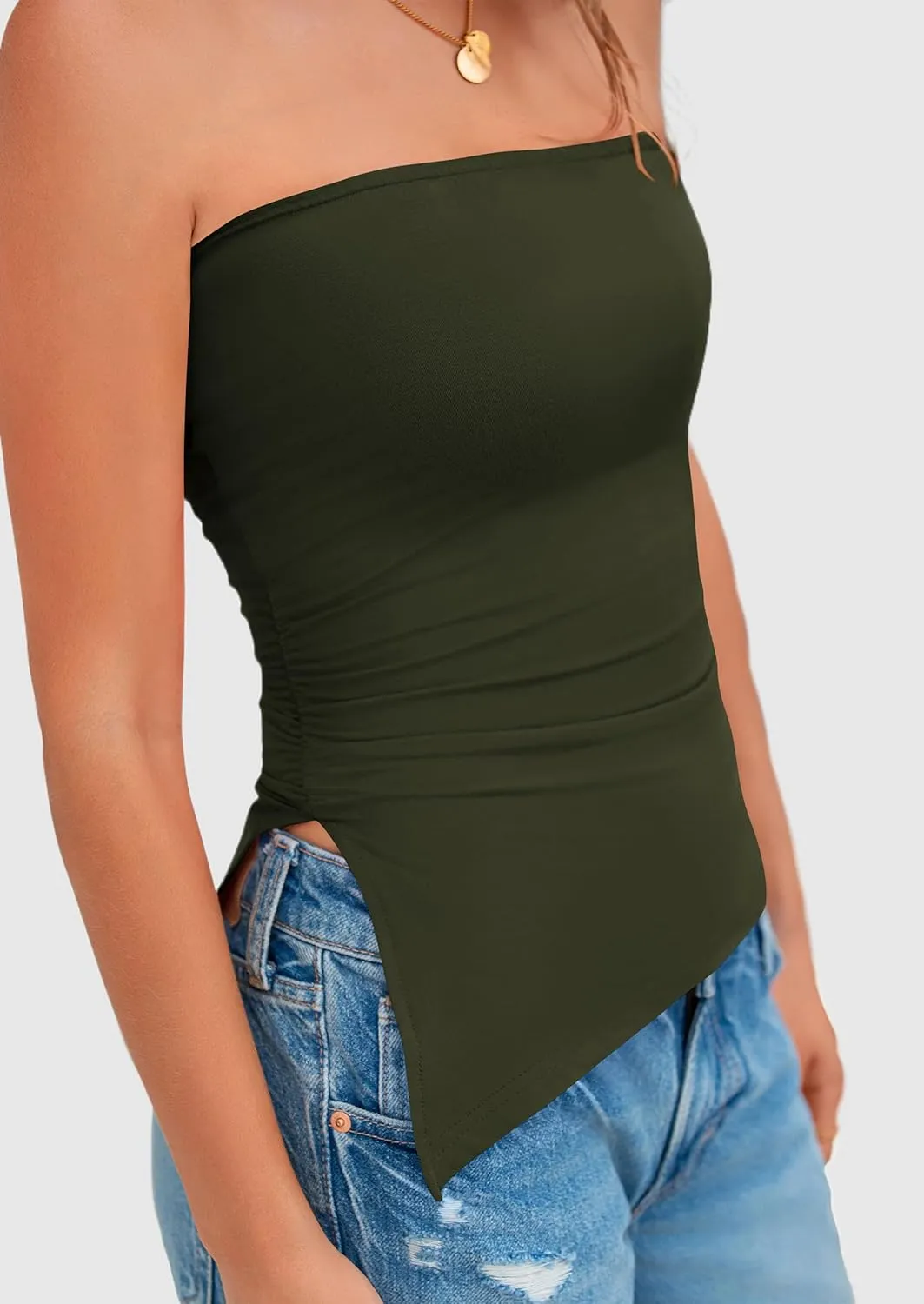 PRETTYGARDEN Womens Summer Tube Tops 2025 Trendy Strapless Ruched Going Out Tops Outfits Asymmetrical Bandeau Shirts