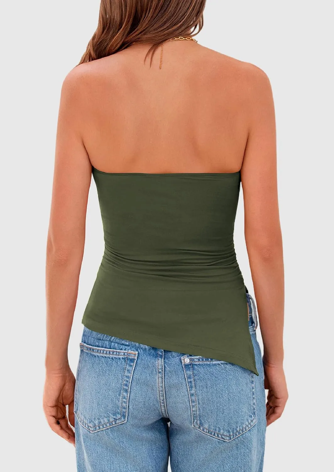 PRETTYGARDEN Womens Summer Tube Tops 2025 Trendy Strapless Ruched Going Out Tops Outfits Asymmetrical Bandeau Shirts