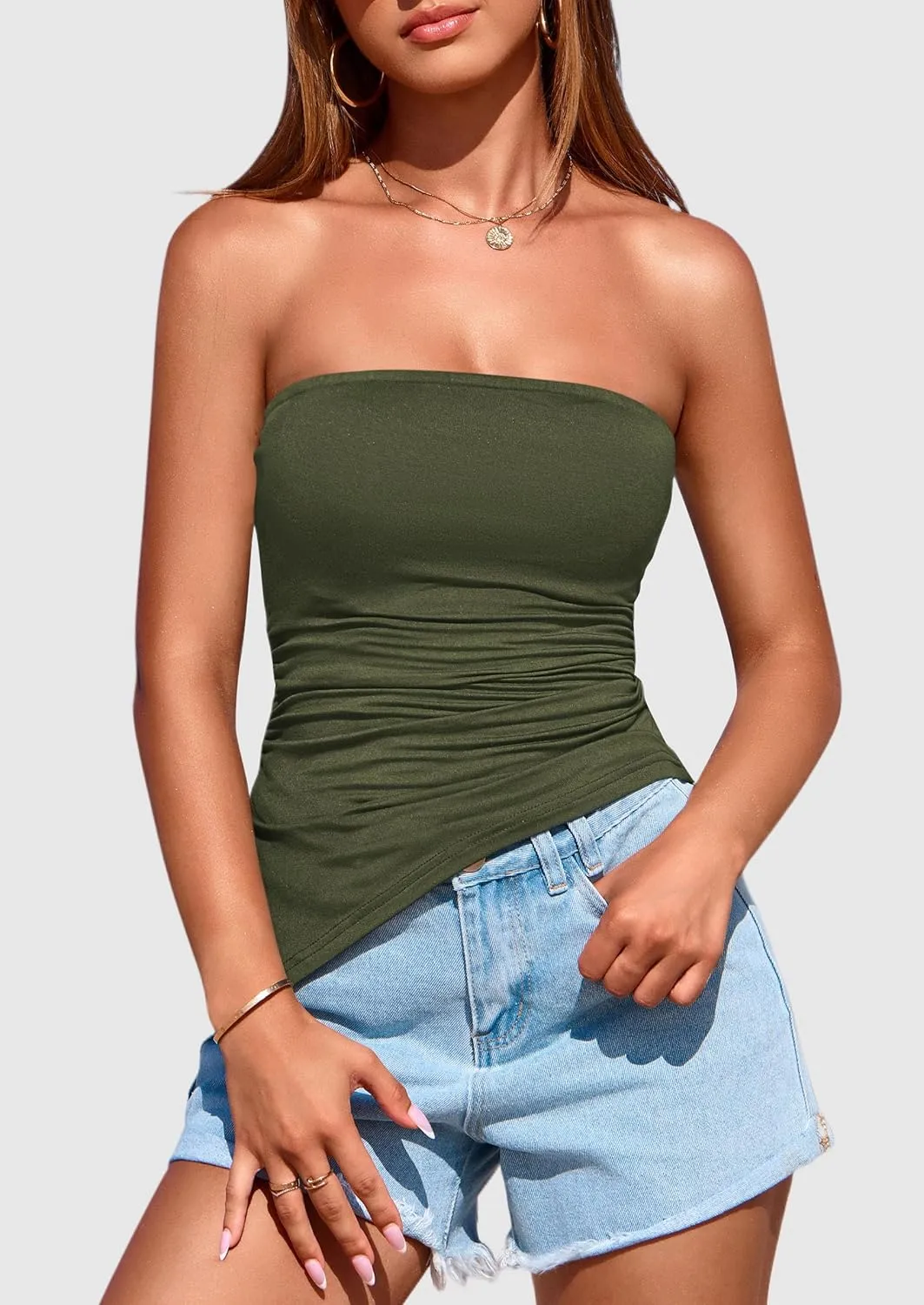 PRETTYGARDEN Womens Summer Tube Tops 2025 Trendy Strapless Ruched Going Out Tops Outfits Asymmetrical Bandeau Shirts