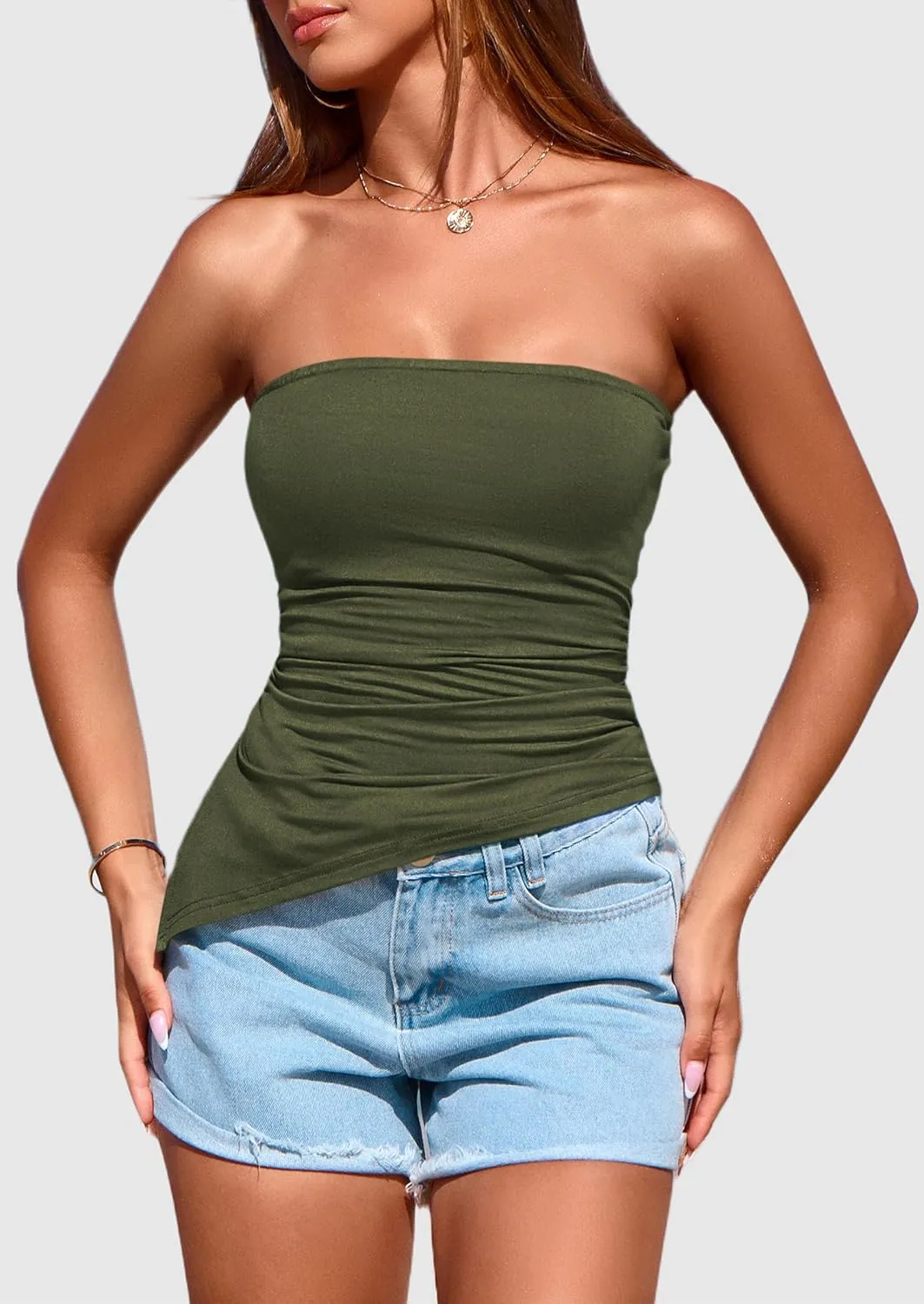 PRETTYGARDEN Womens Summer Tube Tops 2025 Trendy Strapless Ruched Going Out Tops Outfits Asymmetrical Bandeau Shirts