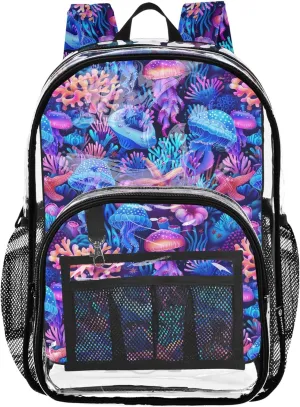 Purple Blue Coral Reefs Jellyfish School Backpacks for Girls, Transparent Plastic Bag, Clear Backpack for Girls, Little Girl Backpack