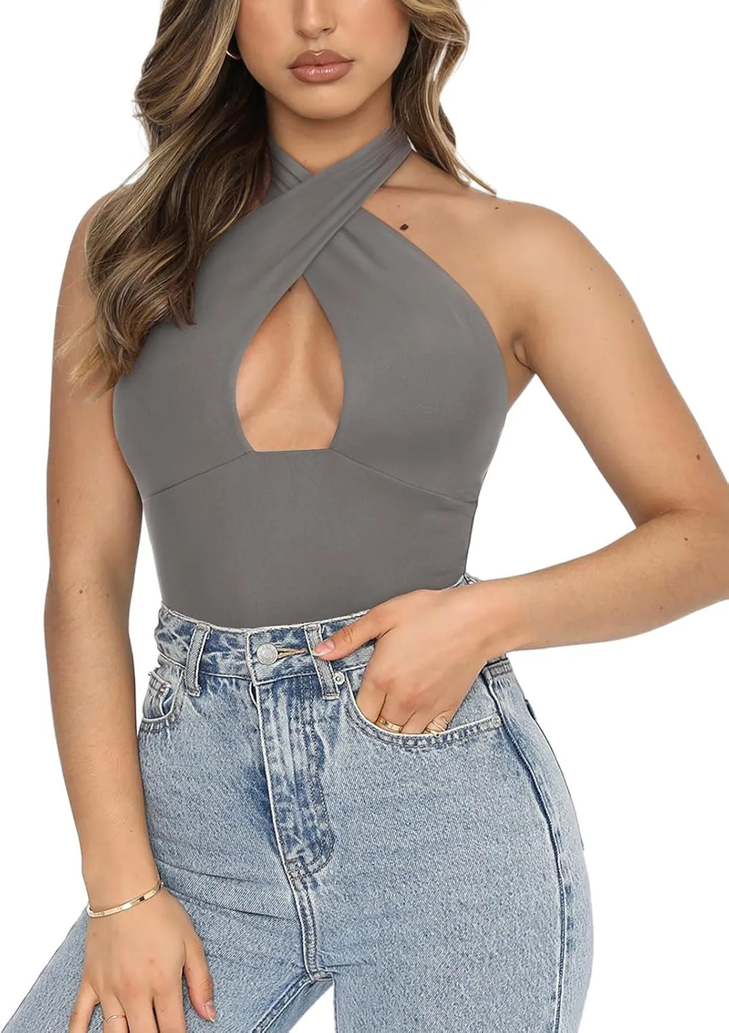 REORIA Butsmooth Women's Trendy Sexy Criss Cross Halter Neck Sleeveless Thong Bodysuits Tops Clubwear