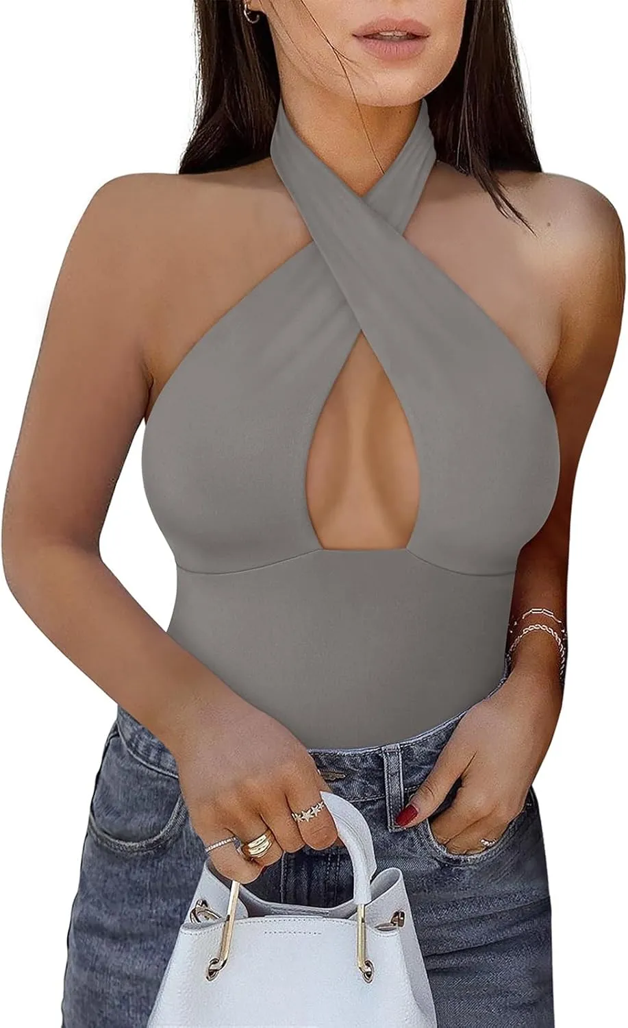 REORIA Butsmooth Women's Trendy Sexy Criss Cross Halter Neck Sleeveless Thong Bodysuits Tops Clubwear