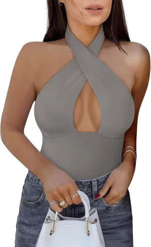 REORIA Butsmooth Women's Trendy Sexy Criss Cross Halter Neck Sleeveless Thong Bodysuits Tops Clubwear