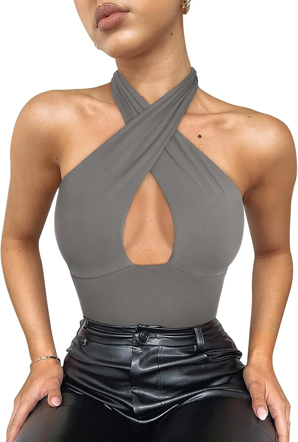 REORIA Butsmooth Women's Trendy Sexy Criss Cross Halter Neck Sleeveless Thong Bodysuits Tops Clubwear