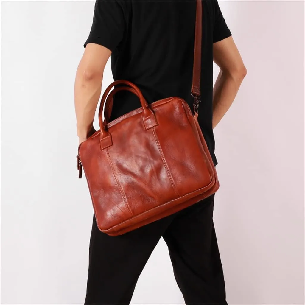 Retro Men's Handbag Briefcase Shoulder Crossbody Backpack Cowhide Multi Compartment Business Computer Bag(D)