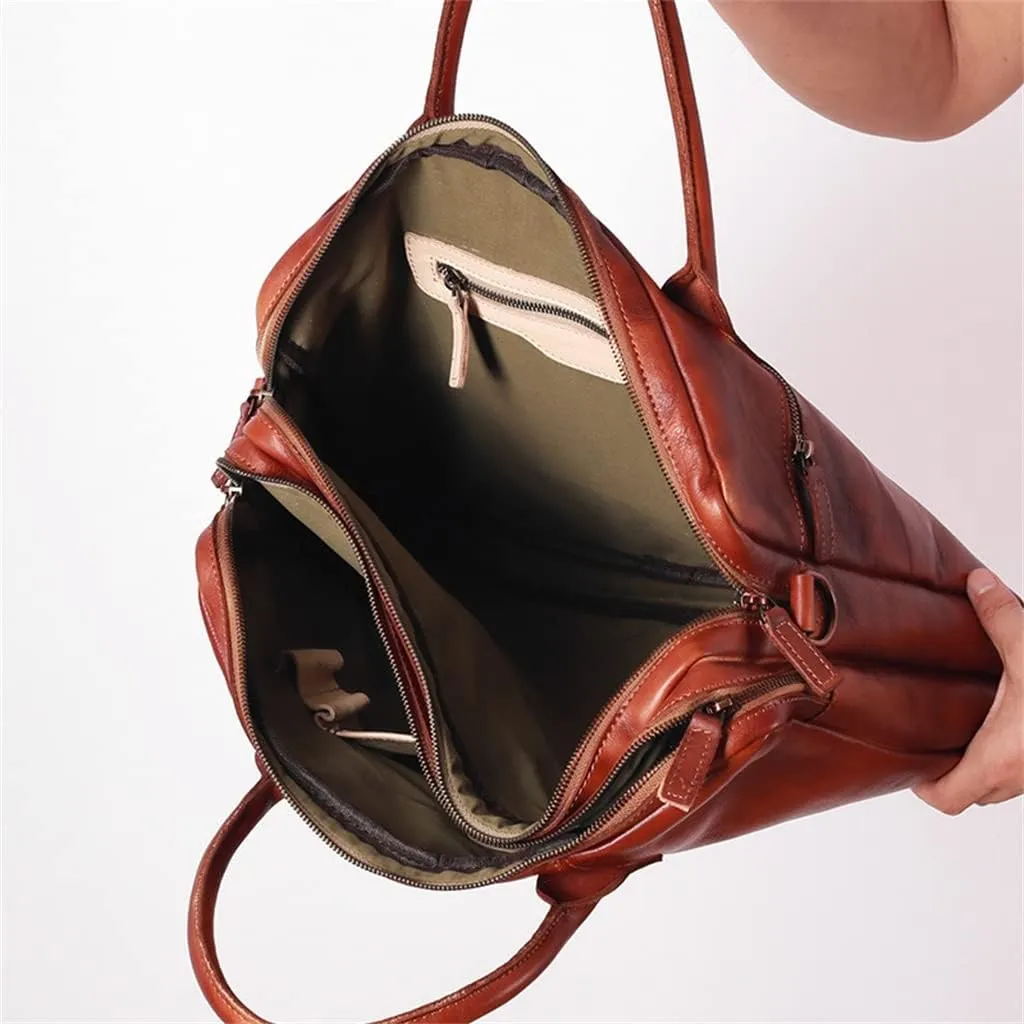 Retro Men's Handbag Briefcase Shoulder Crossbody Backpack Cowhide Multi Compartment Business Computer Bag(D)
