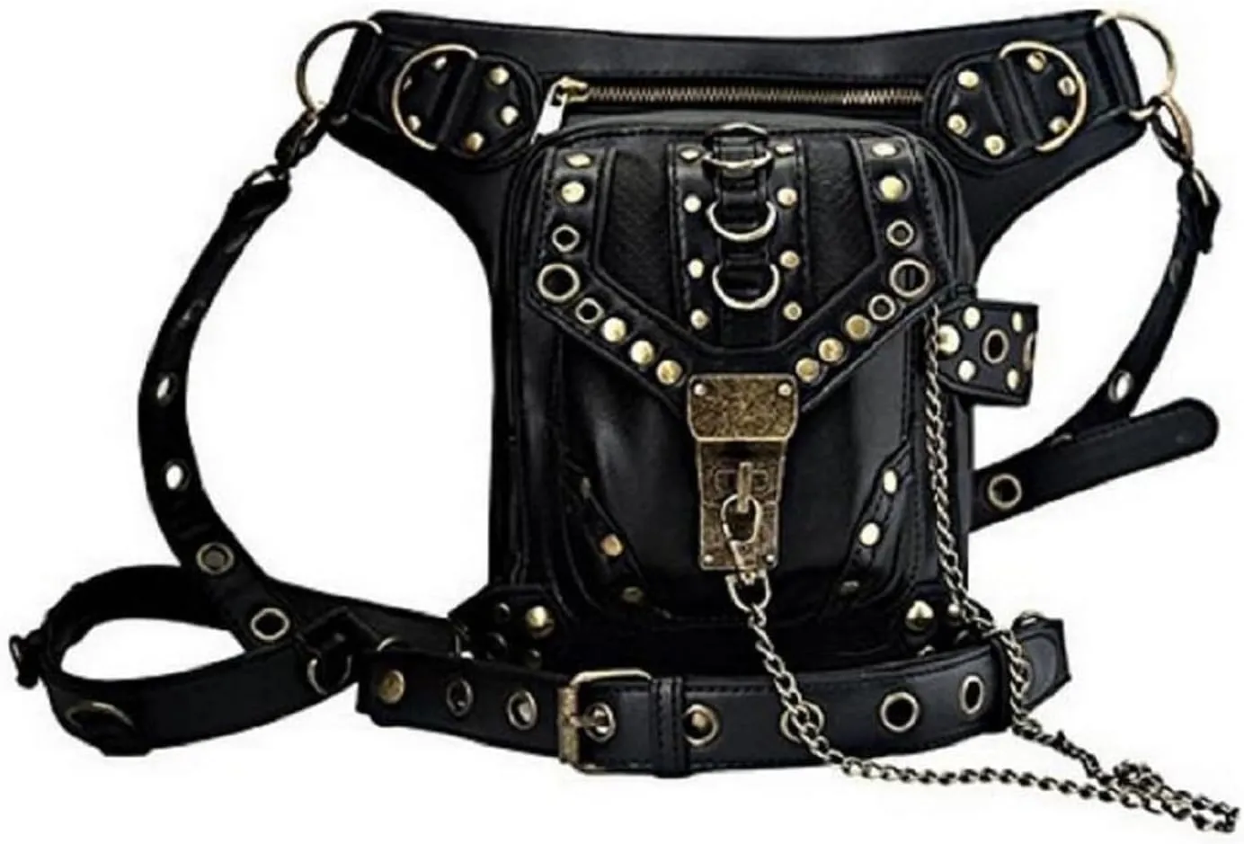 Rock Leather & Vintage Gothic Retro Steampunk Handbag Victorian Style Shoulder Waist Bag Black, Medium