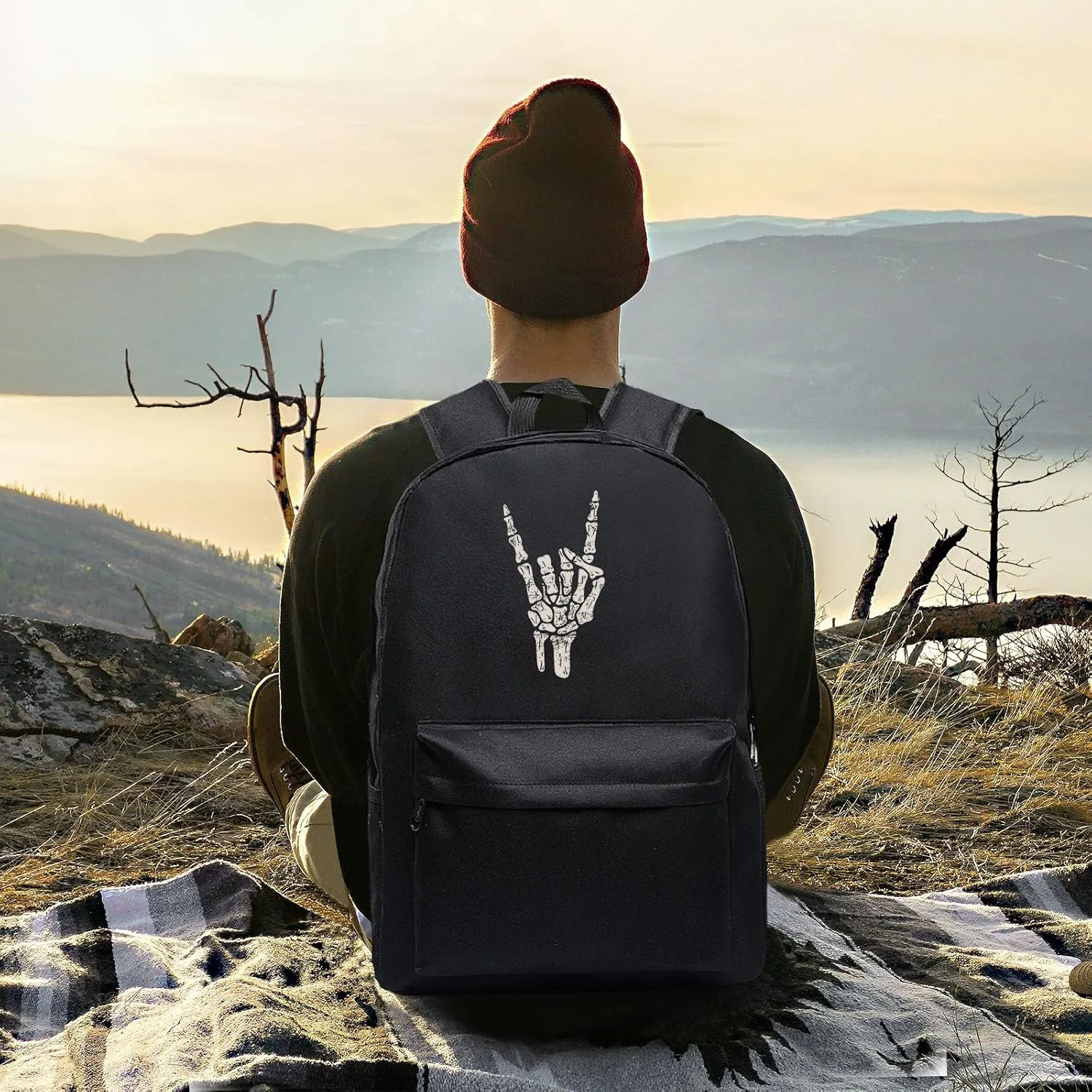 Rock N Roll Skeleton Hand Unisex Classic Canvas Backpack for School Bookbag Laptop Bag (Black12)