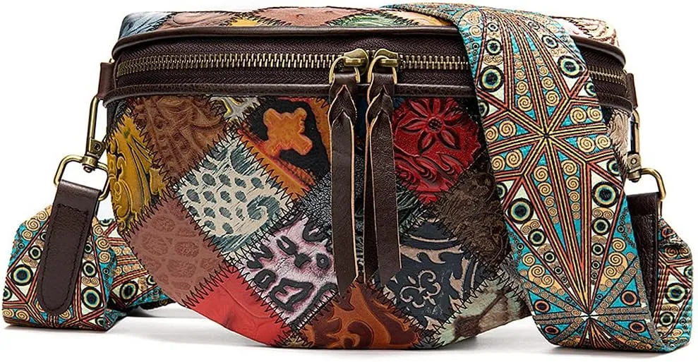 ROUROU Fashion Waist Packs for Women Genuine Leather Fanny Packs Patchwork Chest Bag Retro Shoulder Bag Crossbody Bag Purse