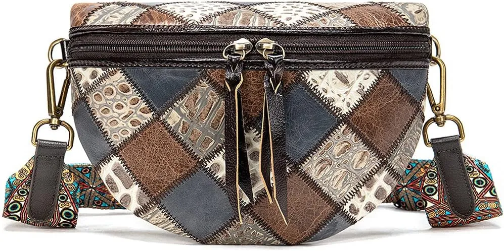 ROUROU Fashion Waist Packs for Women Genuine Leather Fanny Packs Patchwork Chest Bag Retro Shoulder Bag Crossbody Bag Purse