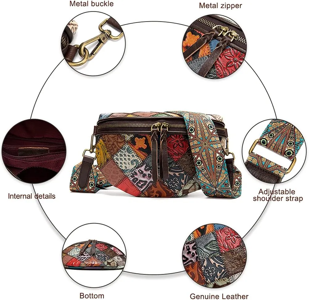 ROUROU Fashion Waist Packs for Women Genuine Leather Fanny Packs Patchwork Chest Bag Retro Shoulder Bag Crossbody Bag Purse
