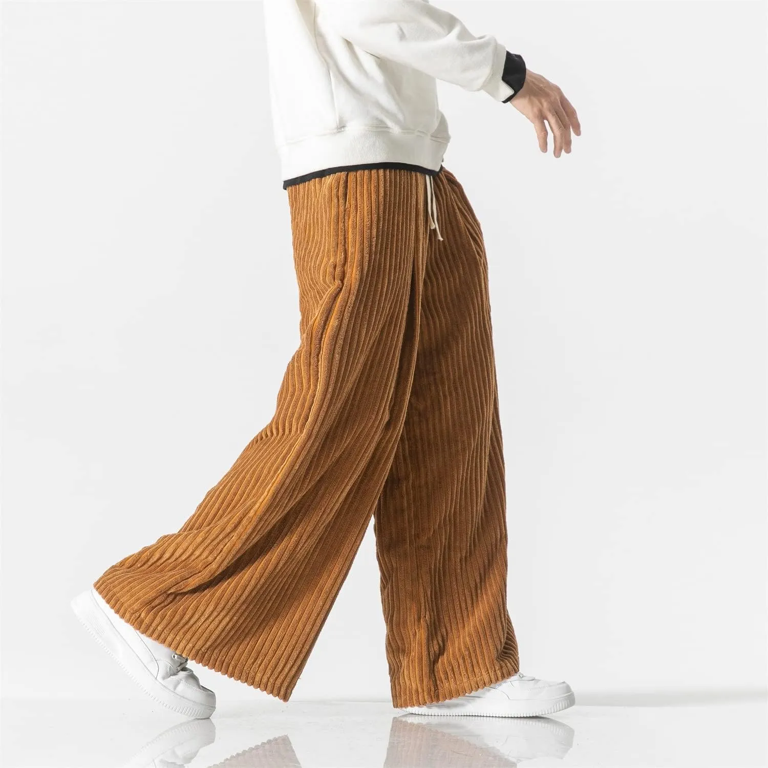 Seidarise Men's Corduroy Pants Straight Baggy Wide Leg Stretch Elastic Waist Drawstring Relaxed Fit Trousers Pant