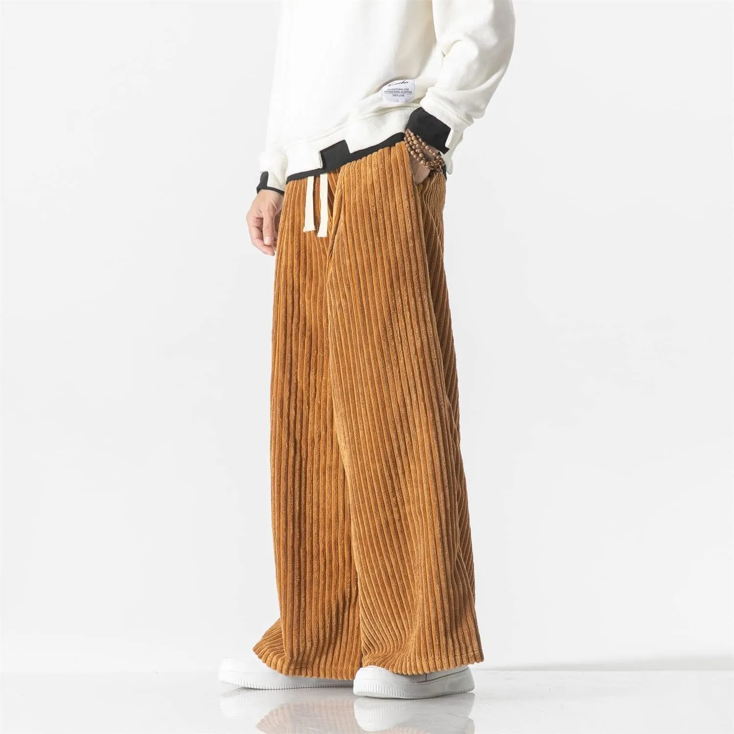 Seidarise Men's Corduroy Pants Straight Baggy Wide Leg Stretch Elastic Waist Drawstring Relaxed Fit Trousers Pant