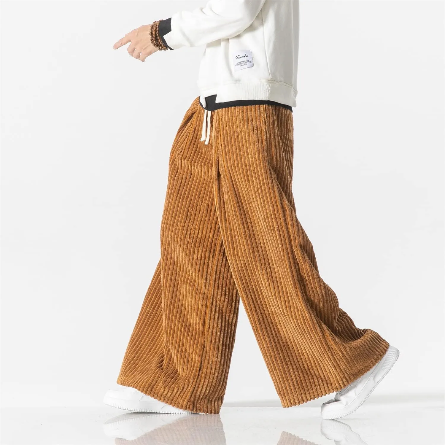 Seidarise Men's Corduroy Pants Straight Baggy Wide Leg Stretch Elastic Waist Drawstring Relaxed Fit Trousers Pant
