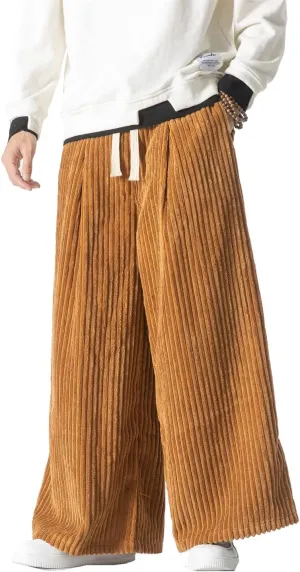 Seidarise Men's Corduroy Pants Straight Baggy Wide Leg Stretch Elastic Waist Drawstring Relaxed Fit Trousers Pant