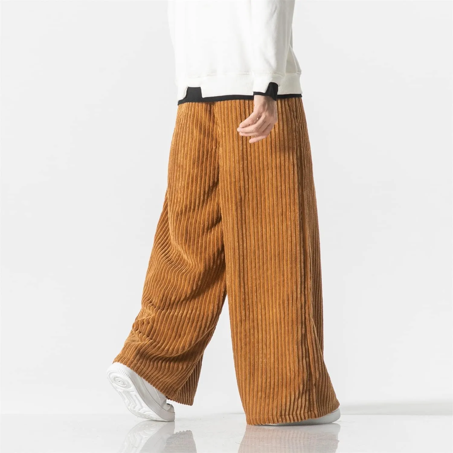 Seidarise Men's Corduroy Pants Straight Baggy Wide Leg Stretch Elastic Waist Drawstring Relaxed Fit Trousers Pant