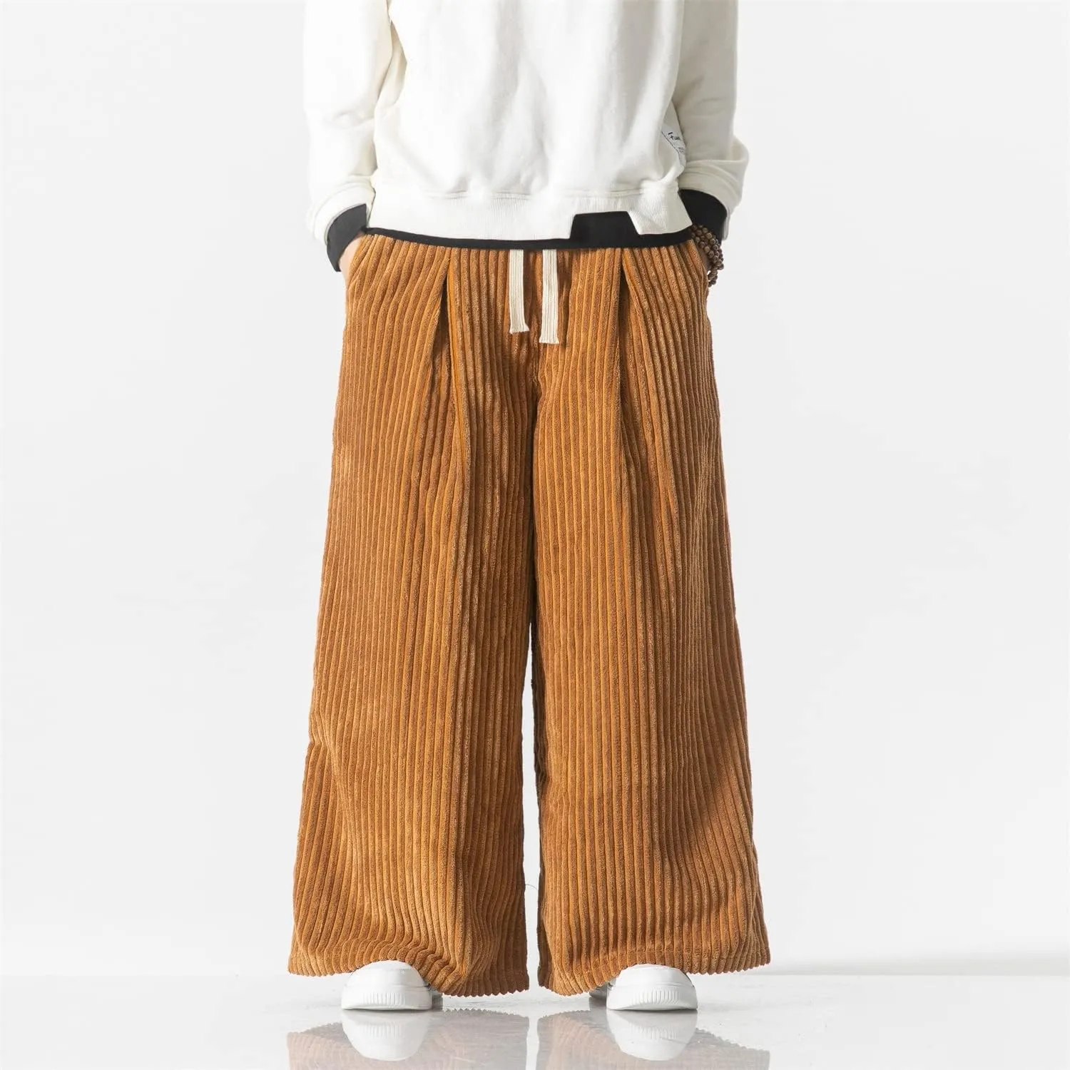 Seidarise Men's Corduroy Pants Straight Baggy Wide Leg Stretch Elastic Waist Drawstring Relaxed Fit Trousers Pant