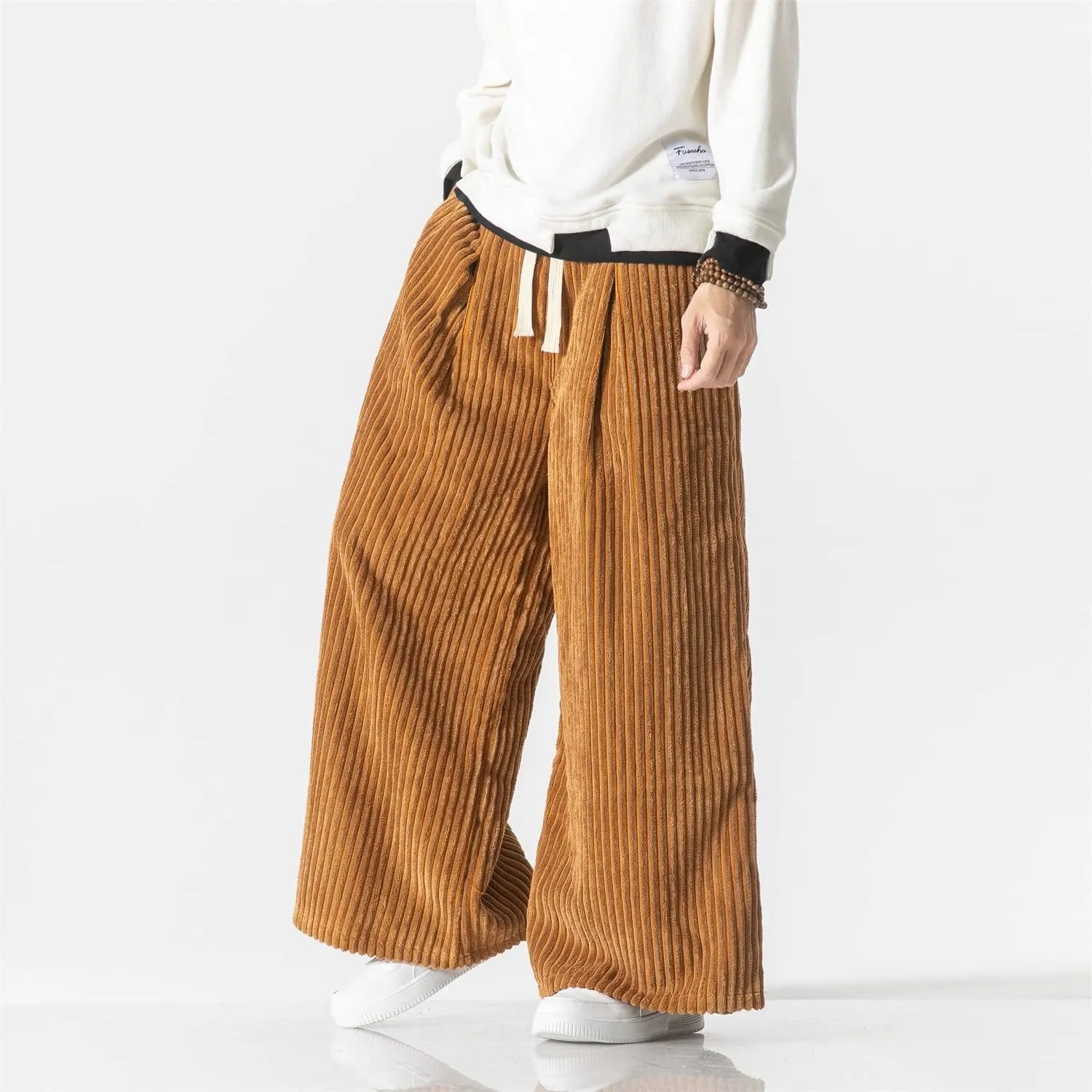 Seidarise Men's Corduroy Pants Straight Baggy Wide Leg Stretch Elastic Waist Drawstring Relaxed Fit Trousers Pant