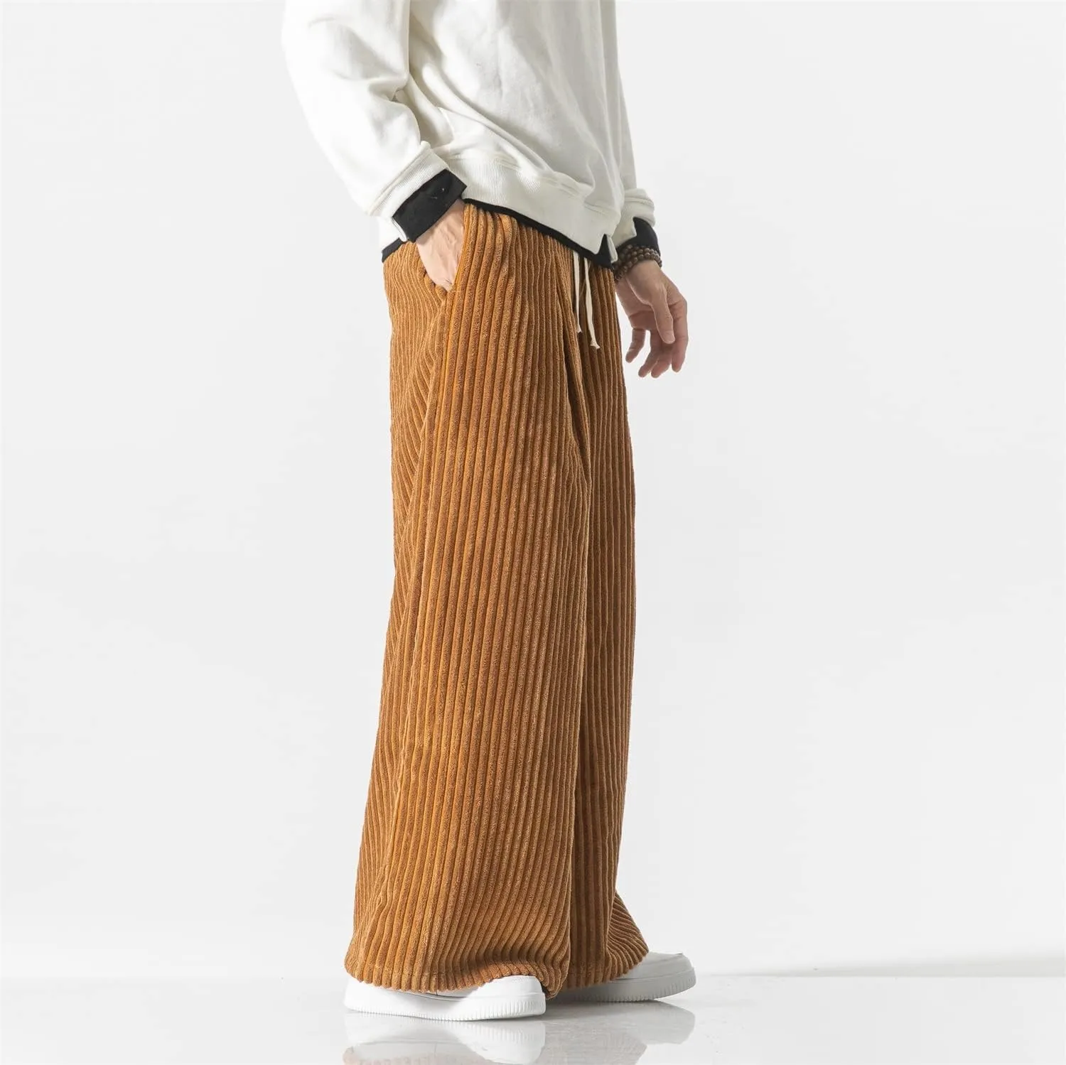 Seidarise Men's Corduroy Pants Straight Baggy Wide Leg Stretch Elastic Waist Drawstring Relaxed Fit Trousers Pant