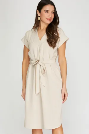 She And Sky Drop Short Sleeve Linen Dress With Waist Tie In Natural