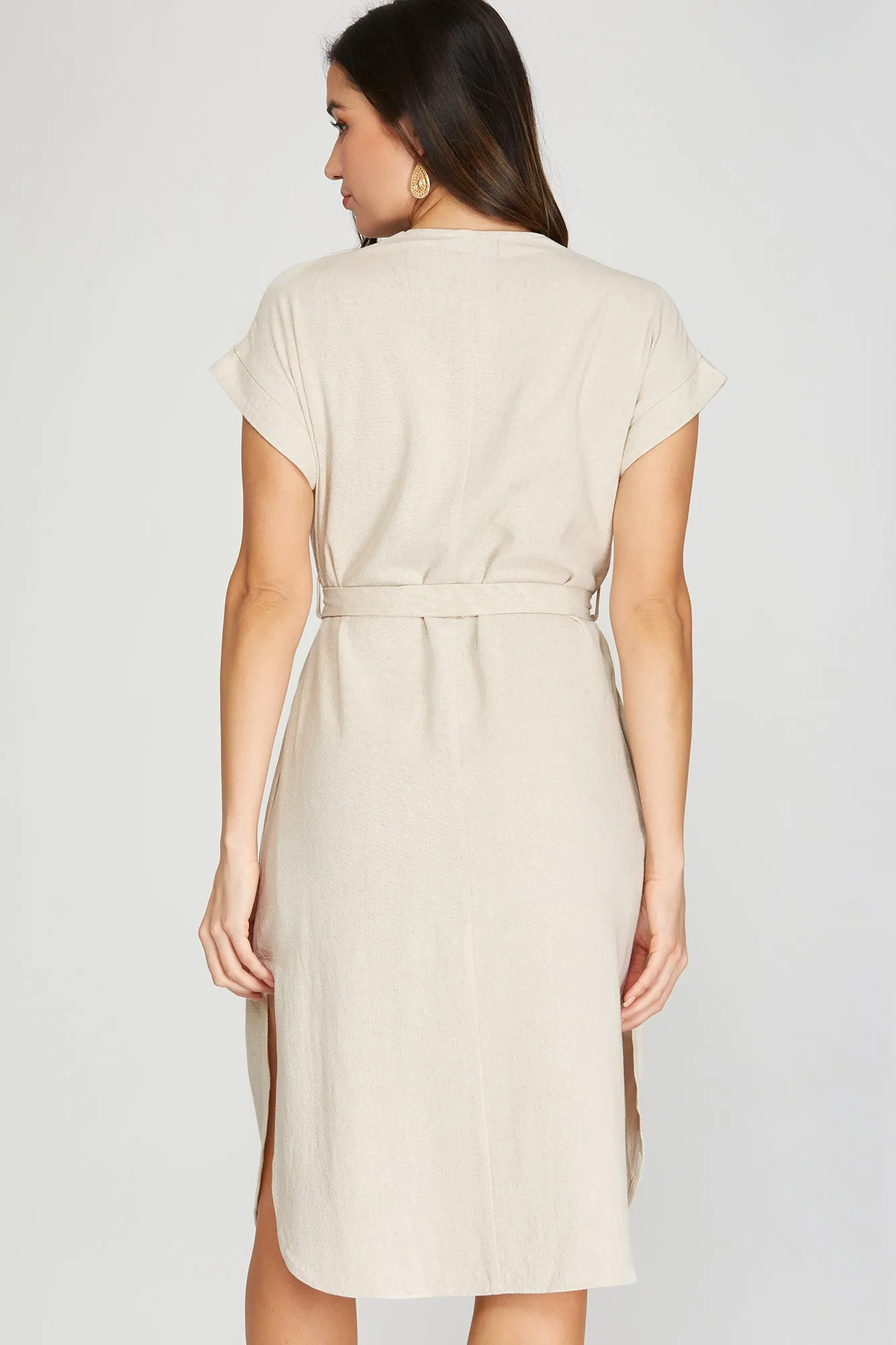 She And Sky Drop Short Sleeve Linen Dress With Waist Tie In Natural