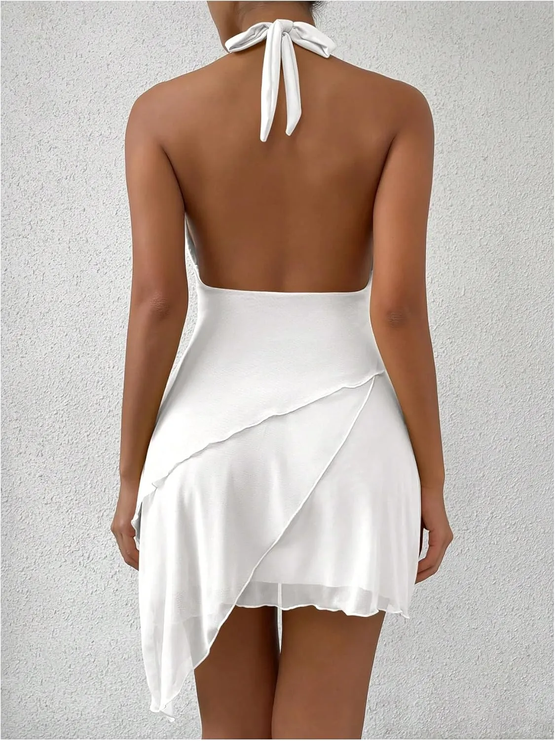 SHENHE Women's Sexy Halter Tie Mini Dress Backless Ruffle Trim Deep V Neck Lace Mesh Plunge Party Dress
