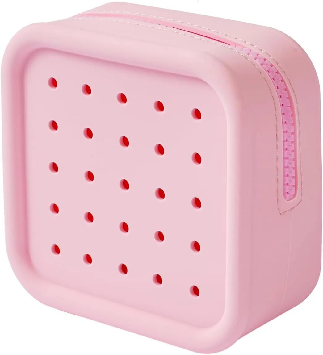 Silicone Makeup Bag with Holes, Small Waterproof Travel Cosmetic Bag, Stylish Travel Toiletry Pouch, Multi-Purpose with Holes Pouch Perfect for Sports, Beach, Pool(01Pink)
