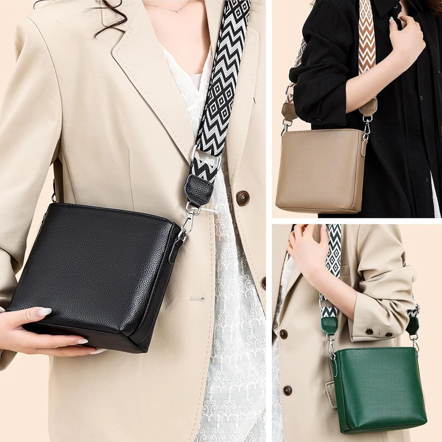 Simple Fashion Bucket Handbag For Women Real Genuine Leather Crossbody Shoulder Bags With Geometric Pattern Strap