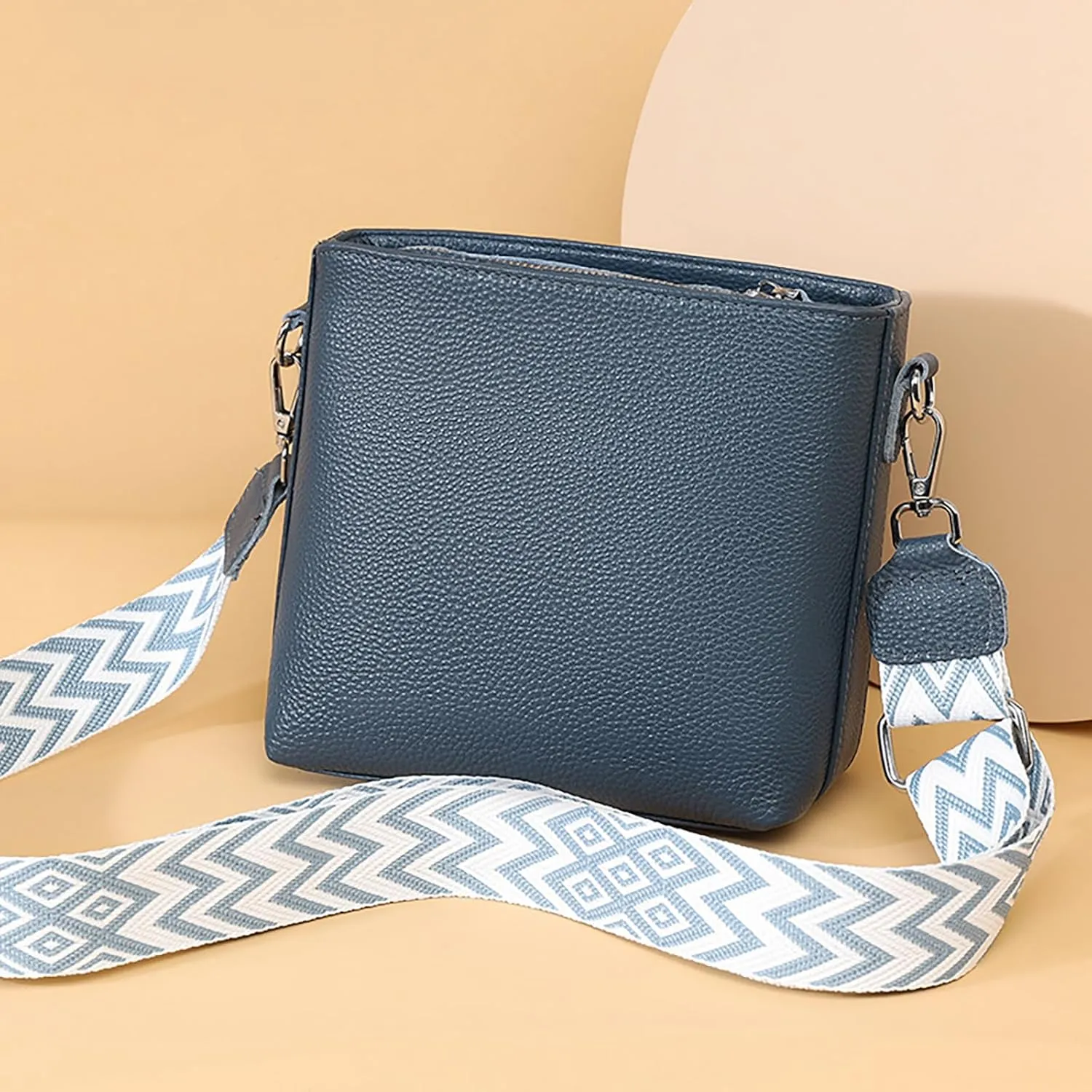 Simple Fashion Bucket Handbag For Women Real Genuine Leather Crossbody Shoulder Bags With Geometric Pattern Strap