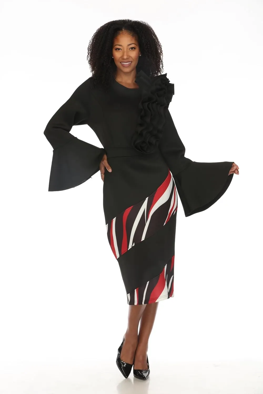 SIMPLY COUTURE Women's Solid Formal Midi Calf Length Relaxed Fit Bell Sleeve Floral Dress