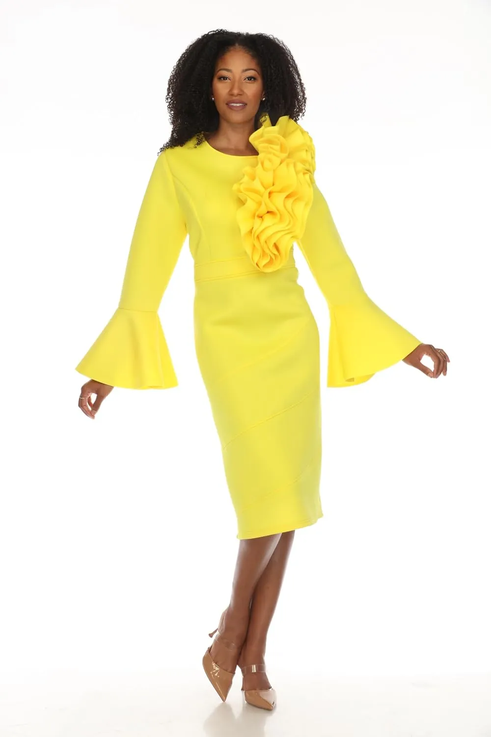SIMPLY COUTURE Women's Solid Formal Midi Calf Length Relaxed Fit Bell Sleeve Floral Dress
