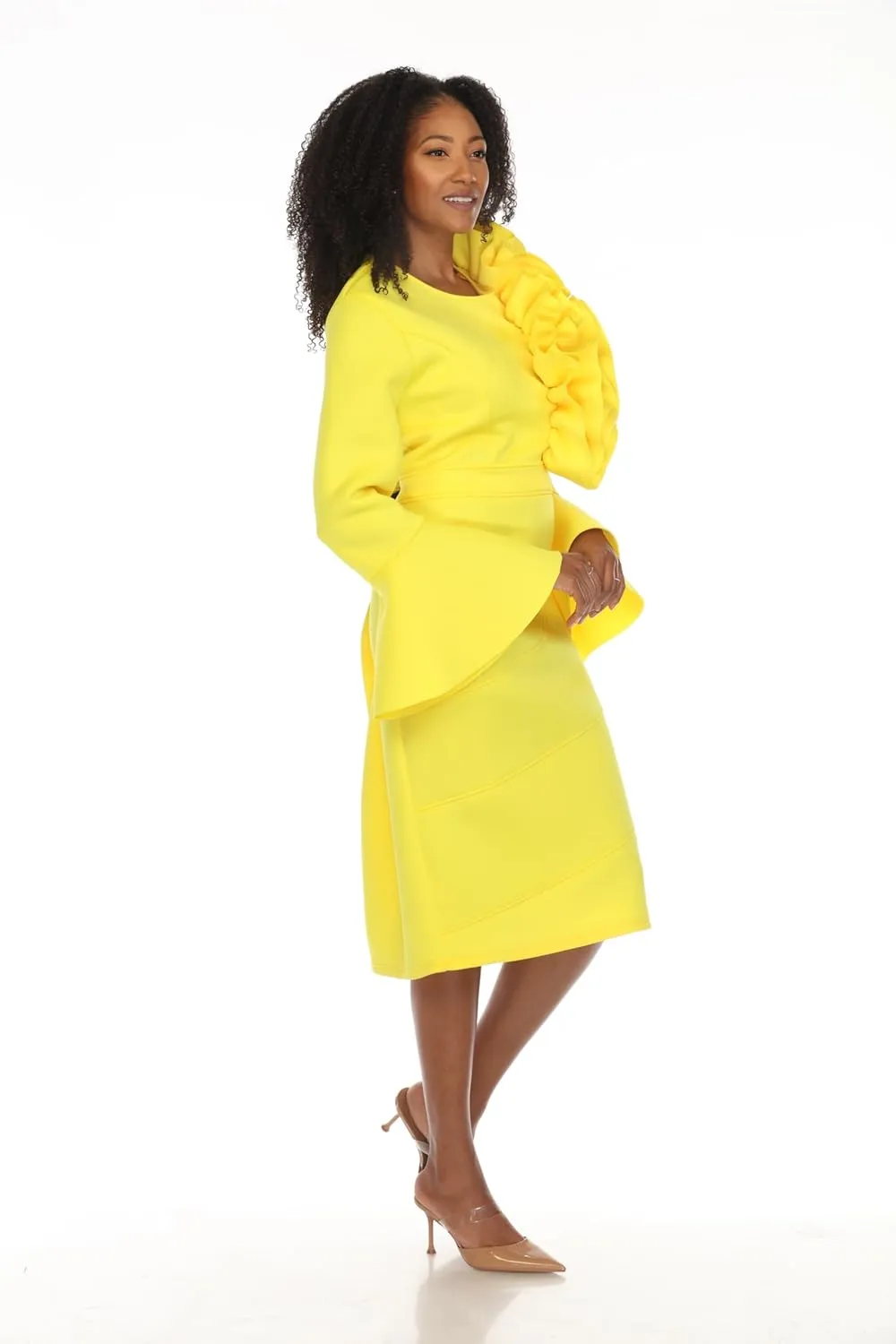 SIMPLY COUTURE Women's Solid Formal Midi Calf Length Relaxed Fit Bell Sleeve Floral Dress