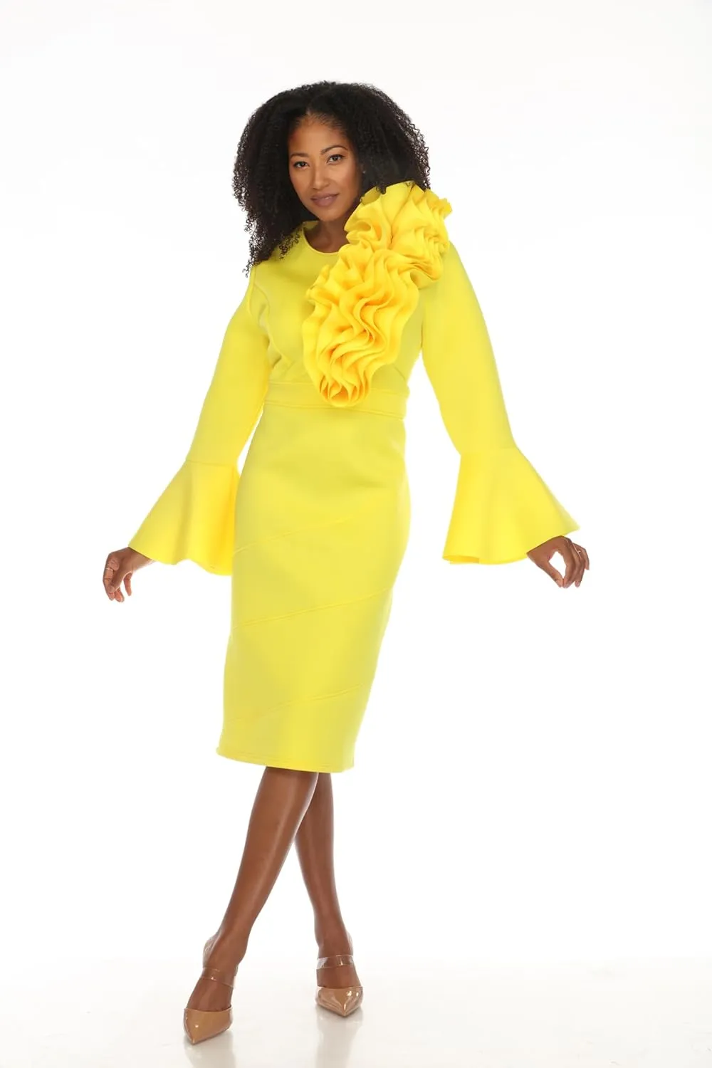 SIMPLY COUTURE Women's Solid Formal Midi Calf Length Relaxed Fit Bell Sleeve Floral Dress
