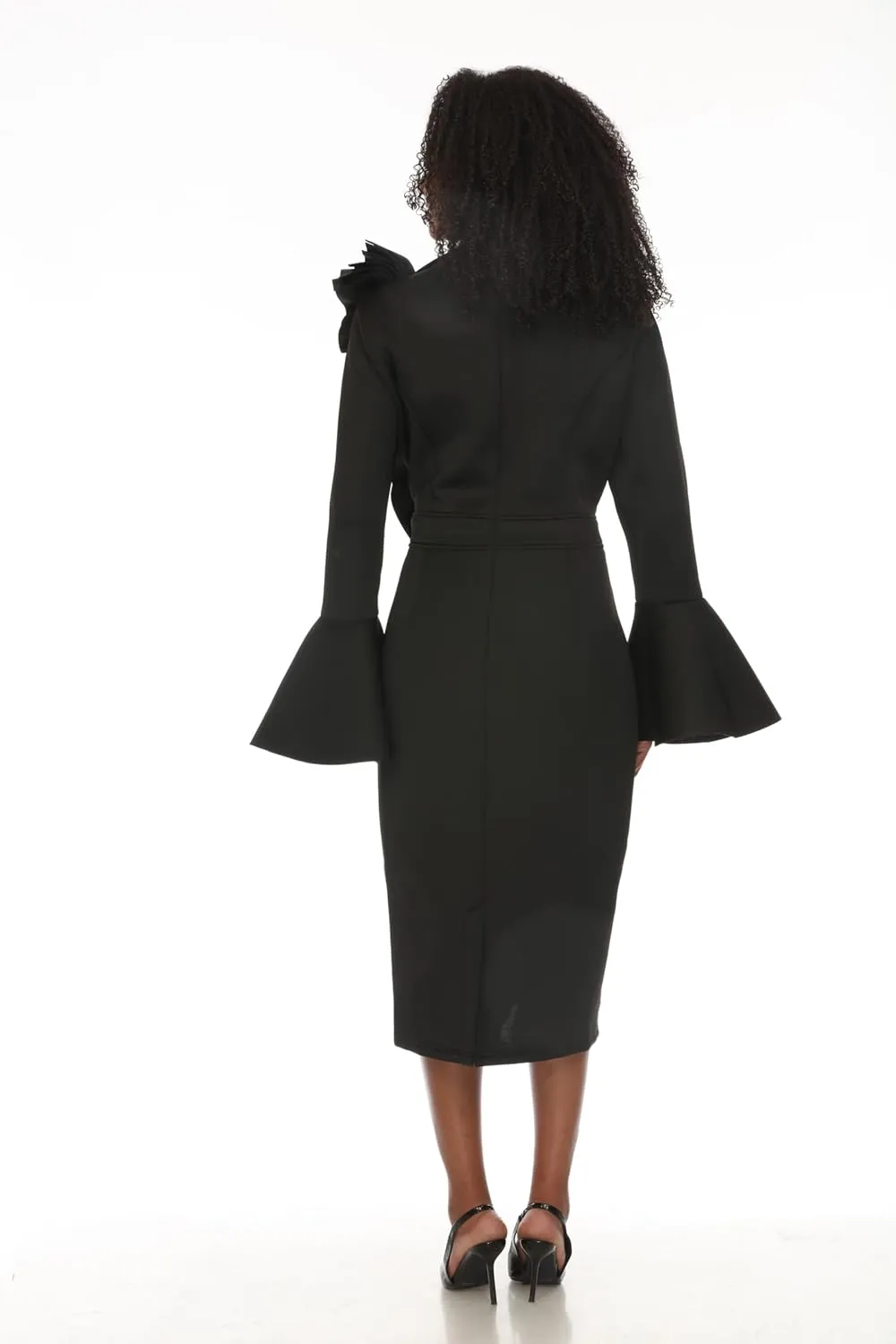 SIMPLY COUTURE Women's Solid Formal Midi Calf Length Relaxed Fit Bell Sleeve Floral Dress