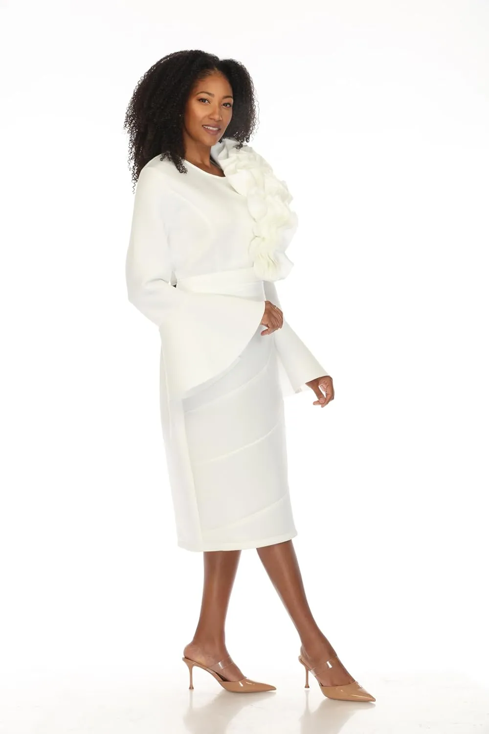 SIMPLY COUTURE Women's Solid Formal Midi Calf Length Relaxed Fit Bell Sleeve Floral Dress