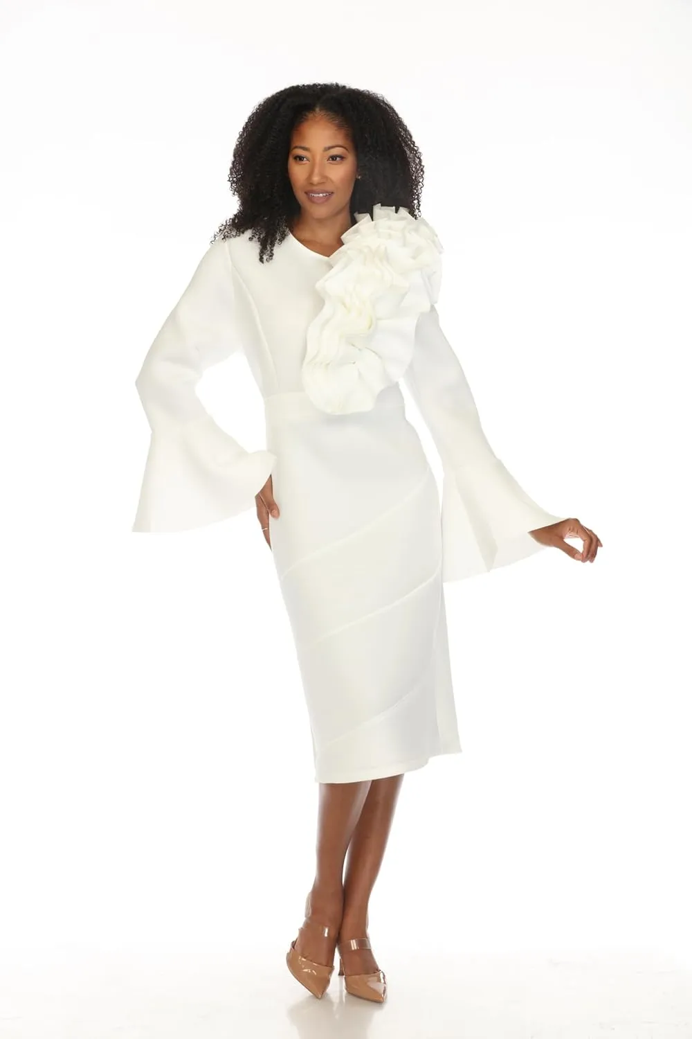 SIMPLY COUTURE Women's Solid Formal Midi Calf Length Relaxed Fit Bell Sleeve Floral Dress