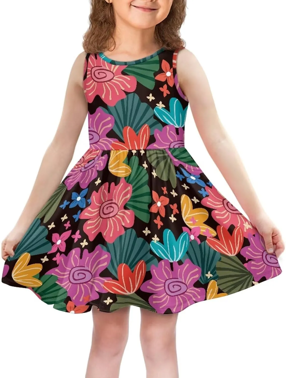 Sleeveless Cute Floral Dress for Girls Swing Loose Fit Sundress with Pockets Playwear