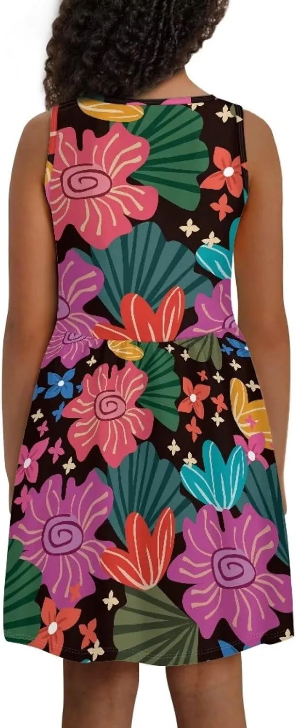 Sleeveless Cute Floral Dress for Girls Swing Loose Fit Sundress with Pockets Playwear