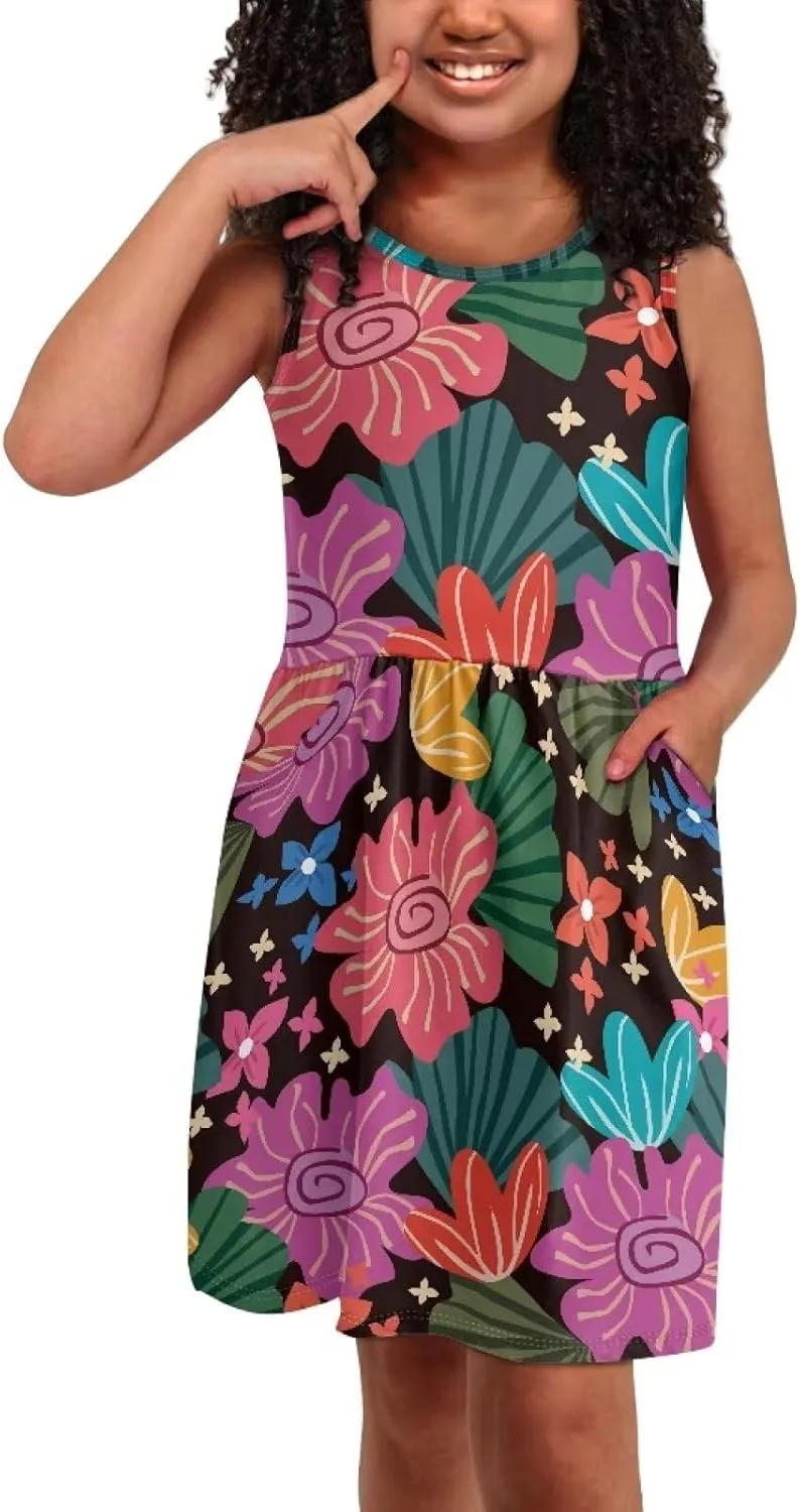 Sleeveless Cute Floral Dress for Girls Swing Loose Fit Sundress with Pockets Playwear