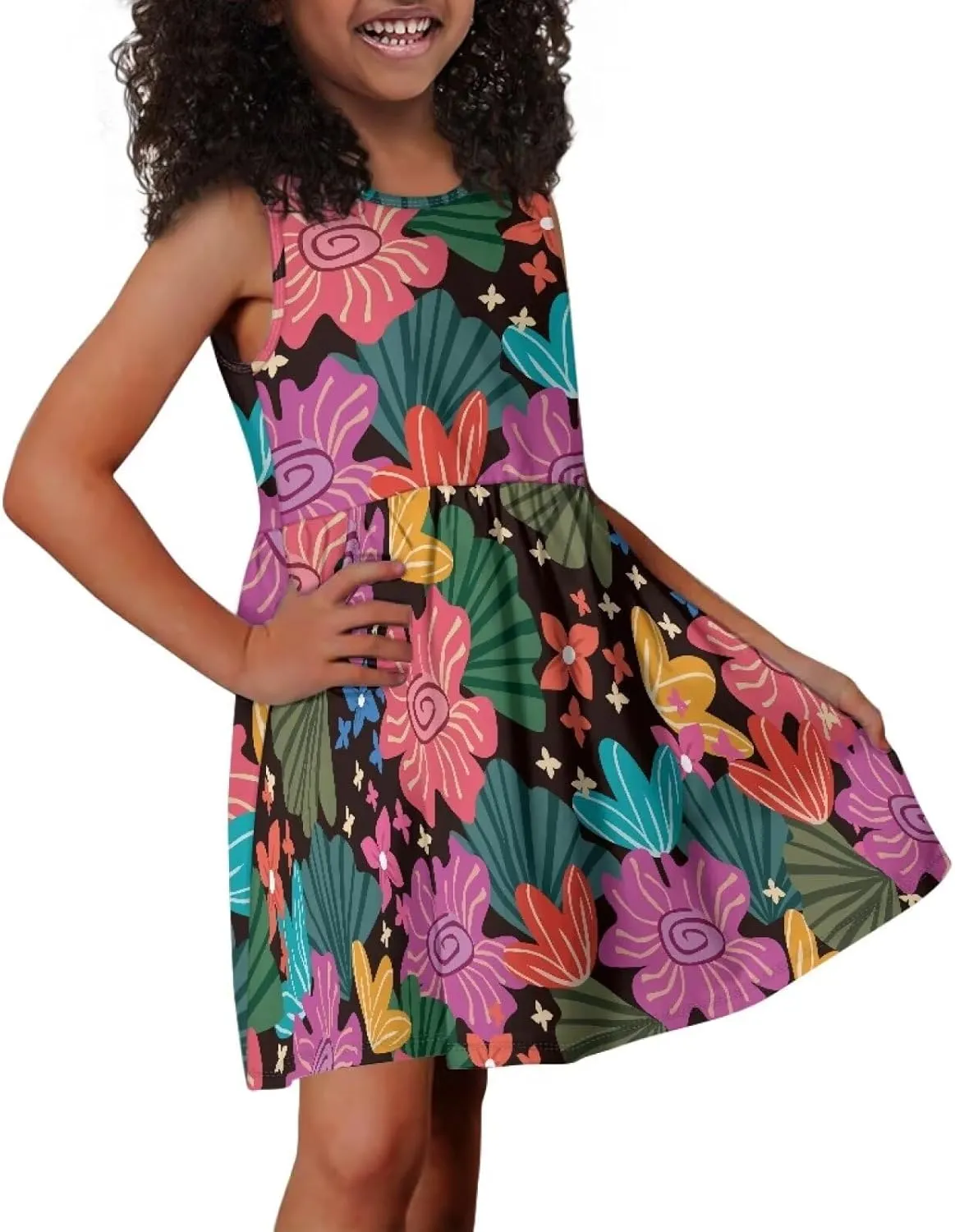 Sleeveless Cute Floral Dress for Girls Swing Loose Fit Sundress with Pockets Playwear