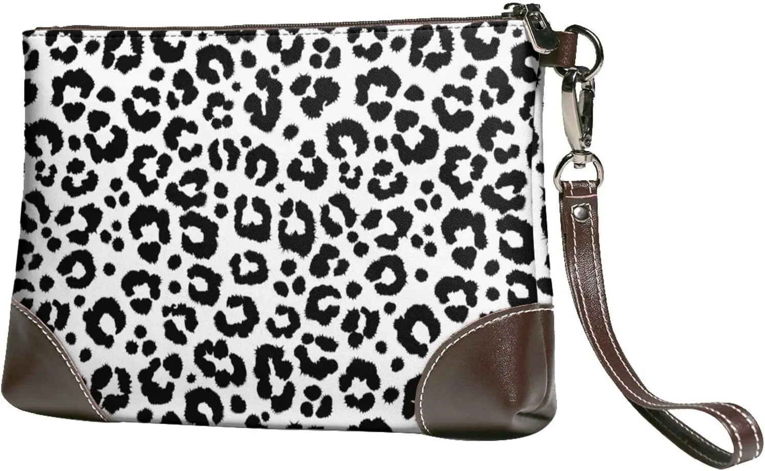 Small Clutch Purses for Women - Trendy Black White Leopard Print Leather Wristlet Wallets for Women with Wrist Strap